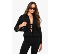 Boohoo Bengaline Ruched Wiast Tie Front Long Sleeve Top In Black black 10