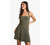 Boohoo Bengaline Square Neck Skater Dress In Khaki khaki 14