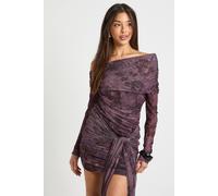 Boohoo Blurred Floral Bardot Tie Front Mini Dress In Plum plum 12