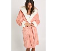 Boohoo Bow Print Embossed Fleece Hooded Long Dressing Gown In Dusty Pink dusty pink L