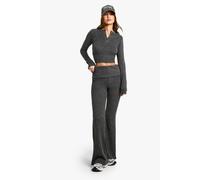 boohoo Women's Brushed Chunky Rib Foldover Waist Flare Trouser in Charcoal | Size: 10