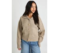 Boohoo Brushed Knit Chunky Button Through Hooded Jumper In Stone stone S