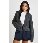Boohoo Brushed Knit Collared Pocket Detail Cardigan In Charcoal charcoal XS
