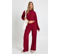Boohoo Brushed Rib Boxy Cardigan & Trouser Co Ord In Burgundy burgundy 16