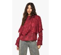 boohoo Women's Burnout Floral High Neck Ruffle Overlay Tie Cuff Blouse in Berry | Size: 12