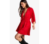 Boohoo Burnout Floral Plunge Skater Dress In Red red 10