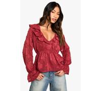 Boohoo Burnout Floral Ruffle Neck And Cuff Blouse In Berry berry 6