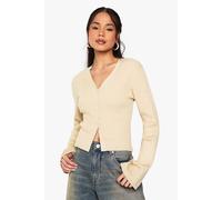 Boohoo Button Through Lightweight Rib Knit Cardigan In Stone stone L