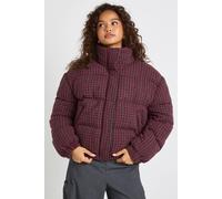 boohoo Women's Check Funnel Neck Puffer Jacket in Burgundy | Size: 10