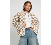 Boohoo Check Oversized Teddy Jacket In Stone stone 14