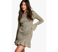 Boohoo Check Shirred Long Sleeve Mini Dress In Khaki khaki 14