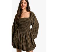 Boohoo Check Shirred Long Sleeve Puff Sleeve Mini Dress In Brown brown 14