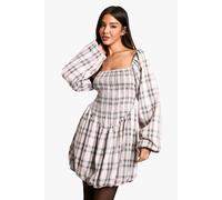 Boohoo Check Shirred Long Sleeve Puff Sleeve Mini Dress In Pink pink 16
