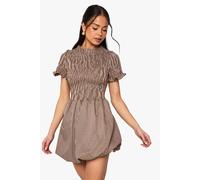 Boohoo Check Shirred Puff Sleeve Mini Dress In Brown brown 12