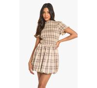 Boohoo Check Shirred Short Sleeve Puff Sleeve Mini Dress In Brown brown 12