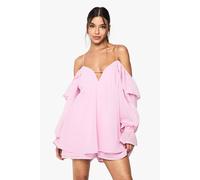 Boohoo Chiffon Cold Shoulder Ruffle Playsuit In Pink pink 10