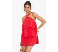 Boohoo Chiffon Halterneck Layered Mini Dress red 12