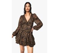 Boohoo Chiffon Leopard Print Puff Sleeve Milkmaid Skater Dress leopard 12
