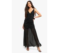 Boohoo Chiffon Ruched Plunge Maxi Dress In Black black 14