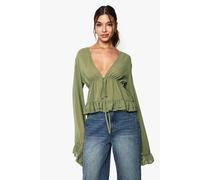Boohoo Chiffon Ruffle Tie Front Blouse In Khaki khaki 14