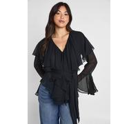 Boohoo Chiffon Ruffle Tie Waist Blouse In Black black 6