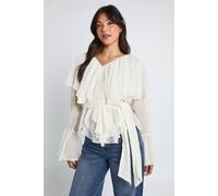 Boohoo Chiffon Ruffle Tie Waist Blouse In Cream cream 14