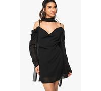 Boohoo Chiffon Scarf Detail Cold Shoulder Mini Dress In Black black 12