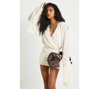 Boohoo Chiffon Wrap Flare Sleeve Ruched Mini Dress In Stone stone 16