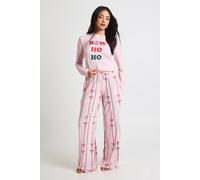 boohoo Women's Christmas Bow Print Modal Long Sleeve Top & Trousers Pyjama Set in Pink | Size: 16