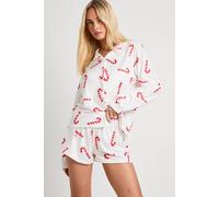 Boohoo Christmas Candy Cane Print Long Sleeve Shirt And Short Pyjama Set In White white 14