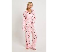 Boohoo Christmas Holly Print Long Sleeve Shirt & Trouser 3 Piece Pyjama Set In Pink pink 14