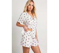 boohoo Women's Christmas Holly Print Short Sleeve Shirt & Shorts Pyjama Set in White | Size: 14