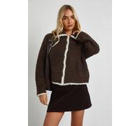 Boohoo Chunky Boucle Knit Contrast Trim Button Through Cardigan In Chocolate chocolate