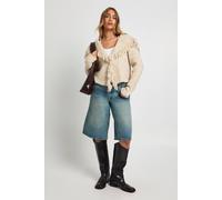 Boohoo Chunky Boucle Knit Fringe Collar Detail Cardigan In Stone stone L