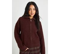 Boohoo Chunky Boucle Knit Zip Through Jumper In Chocolate chocolate