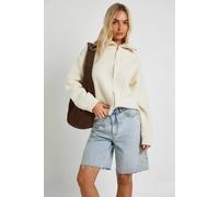 Boohoo Chunky Boucle Knit Zip Through Jumper In Cream cream