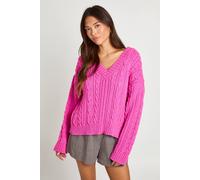 Boohoo Chunky Cable V Neck Knitted Jumper In Pink pink S