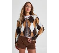 Boohoo Chunky Knit Brushed Argyle Cardigan In Brown brown M