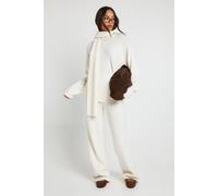 Boohoo Chunky Knit Crew Neck Jumper, Wide Leg Trouser And Knitted Scarf 3 Piece Set In Cream cream L