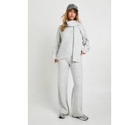 boohoo Women's Chunky Knit Crew Neck Jumper, Wide Leg Trouser & Knitted Scarf 3 Piece Set in Light Grey | Size: Small