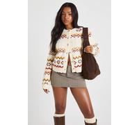 Boohoo Chunky Knit Fairisle Cable Detail Button Through Cardigan In Cream cream M