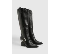 Boohoo Clean Buckle Knee High Western Cowboy Boots In Black black 3