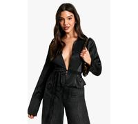 Boohoo Collared Deep Cuff Tie Shirt In Black black 8