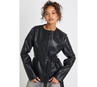 Boohoo Collarless Faux Leather Trench Jacket In Black black 14