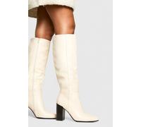 Boohoo Column Knee High Stacked Heel Boots In Ecru ecru 7