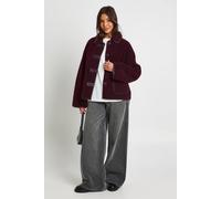 Boohoo Contrast Binding Collared Teddy Aviator Jacket In Burgundy burgundy