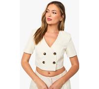 Boohoo Contrast Button Collarless Cropped Blazer In Ivory ivory 8