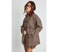 boohoo Women's Contrast Cord Collar Herringbone Oversized Wool Look Shacket in Wine | Size: 14