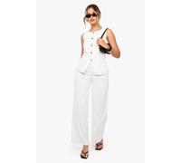 boohoo Women's Contrast Stitch Gold Button Straight Leg Trouser in White | Size: 16