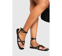 Boohoo Contrast Stitch Toe Post Wrap Around Sandals In Black black 5